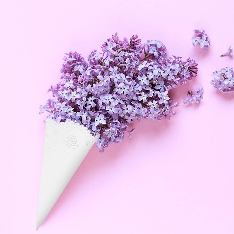 Teemico 50 Pcs Wedding Confetti Cones White Paper Tapers Hollow Print Cone for Party Petal Small Bouquet White Paper Cones for Candy Buffet - Image 4